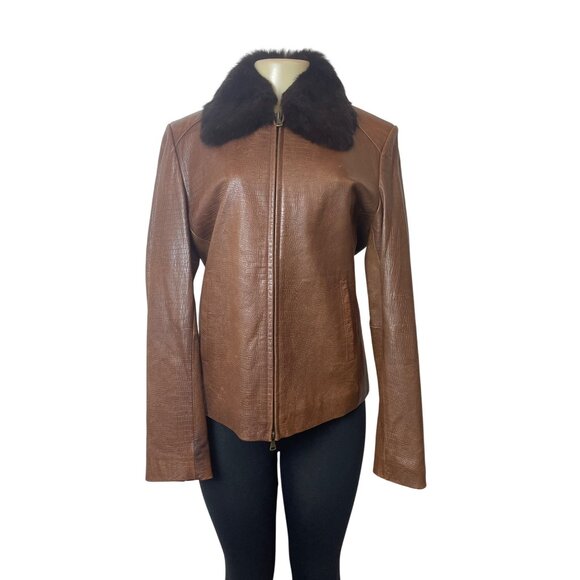 R&O Brand Women's Brown Faux Croc Leather Jacket With Faux Fur Collar - Picture 1 of 8